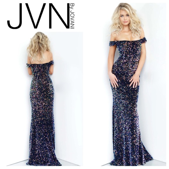 JVN by Jovani Off The Shoulder Sequin Gown
